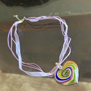BNWOT glass heart swirl necklace with ribbon